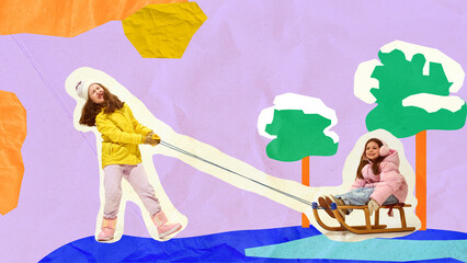 Little girl pulling sled with her friend, expressing pure joy, playful winter moment. Contemporary art collage. Concept of fun, childhood, outdoor games, active holiday, winter memories, happiness
