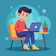 a boy is using his laptop vector