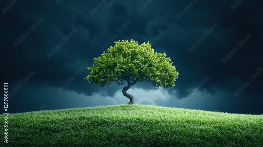 Aufkleber a lone tree standing tall against a backdrop of dark storm clouds, with strong winds bending its bra