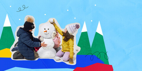 Children building snowman, laughing together. Teamwork and friendship. Contemporary art collage. Concept of childhood, creative play, winter fun, happy vacation, joyful snowy adventure.