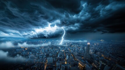 Fototapeta premium A cityscape shrouded in dark, stormy clouds, with flashes of lightning illuminating the buildings and creating a sense of unease and anticipation.