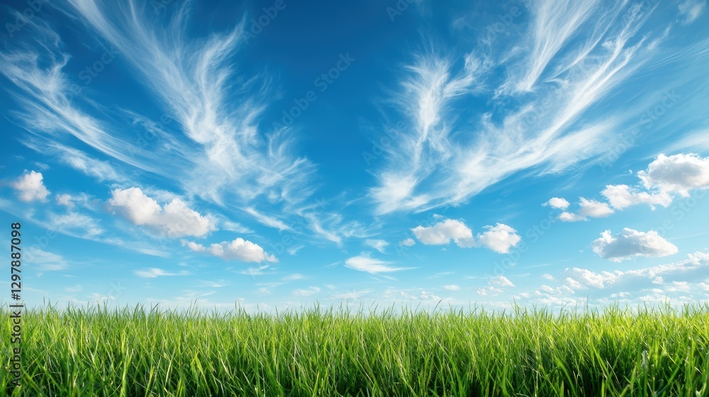 Poster wispy feathery cirrus clouds streaking across a deep blue sky, creating a sense of movement and heig