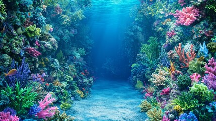 Vibrant coral reef scene with sunlit waterscapes offering glimpses into the depths and diverse sea life habitats full of healthy reef