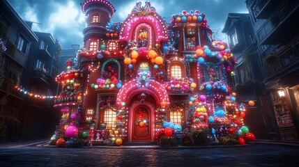 Festive mexican street scene adorned with vibrant lights and colorful decorations capturing the spirit of dia de muertos or a celebration