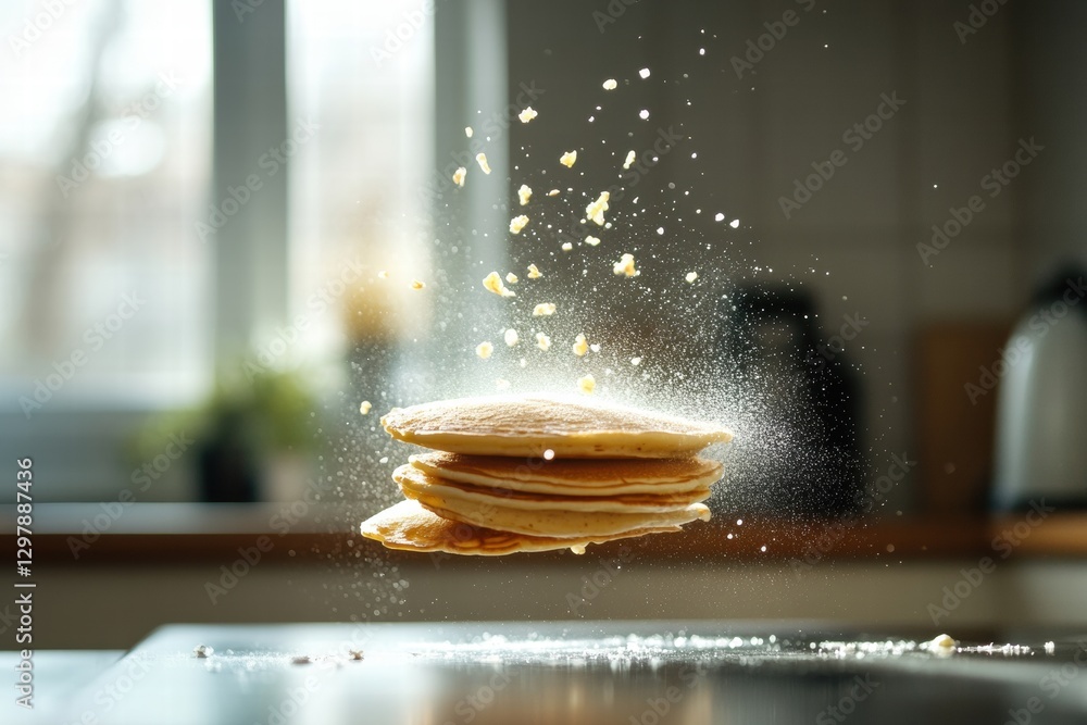 Aufkleber fluffy pancakes floating in the air with flour dust in a well lit kitchen during morning preparation