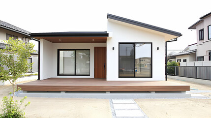 Modern White Residential House Exterior with Wooden Deck Entrance and Black Windows Under Bright Daylight