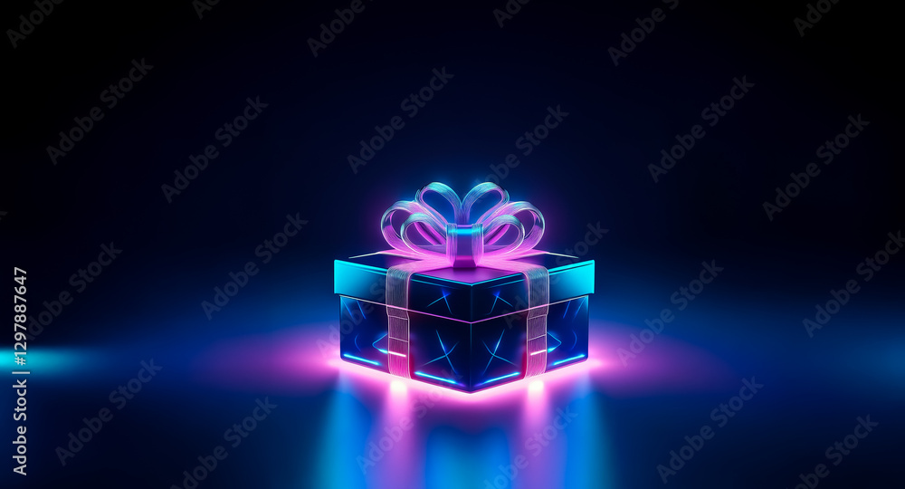 Poster A luminous gift box radiates vibrant neon hues of pink and blue on a dark background.  A festive and modern design perfect for celebrations and surprises.