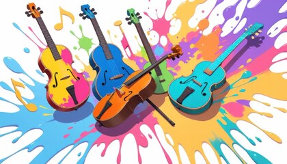 Colorful Violins in a Splash of Paint, Music Theme, Digital Illustration, Vibrant Setting, Artistic Perspective