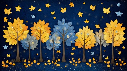 Fototapeta premium Autumnal Equinox dreamscape with a starry sky and stylized foliage creating a serene seasonal background landscape artwork