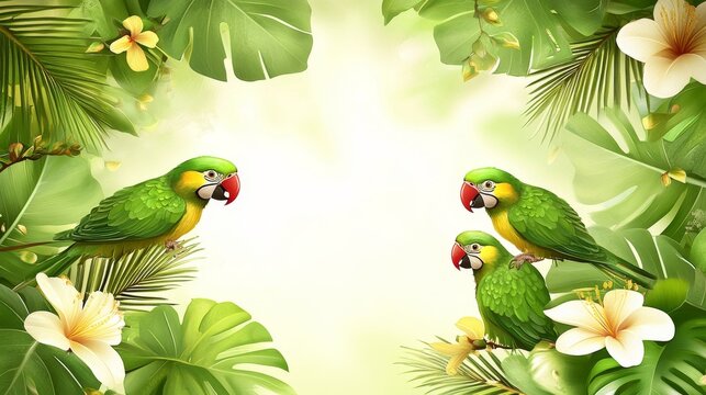 Exotic jungle vista with vibrant green parrots and tropical flora lush floral background for nature themed designs invitation vector