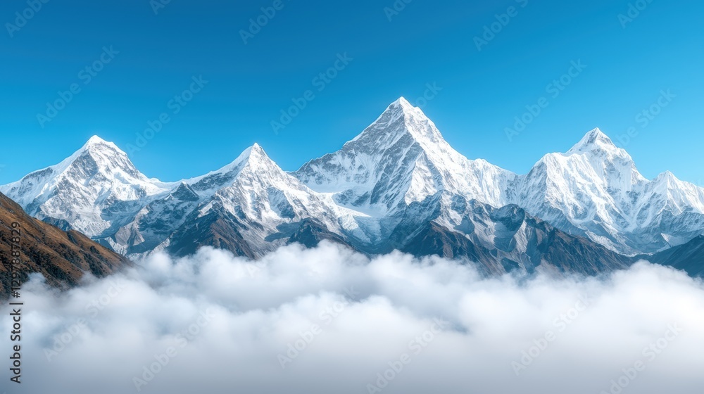Poster a panoramic view of snow capped mountains with clouds swirling around the peaks, creating a sense of