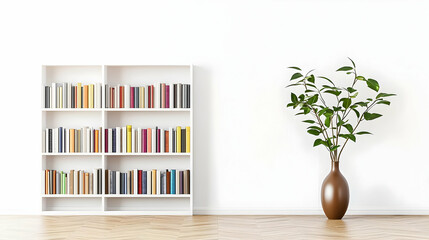 Fototapeta premium White Bookshelf With Books And Brown Vase With Green Plant On White Wall With Wooden Floor