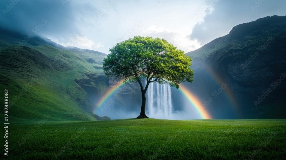Aufkleber a rainbow emerging from behind a waterfall, with mist and clouds adding to the magical and enchantin