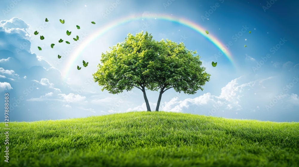 Poster a double rainbow appearing in the sky after a rainstorm, with clouds framing the colorful arcs and c