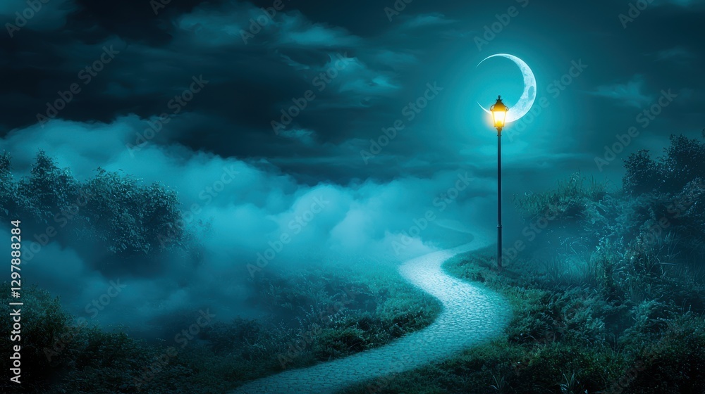 Aufkleber a lone streetlight illuminating a path through a park at night, with clouds partially obscuring the 