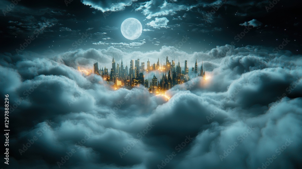 Aufkleber a cityscape at night with clouds partially obscuring the city lights, creating a sense of depth and 