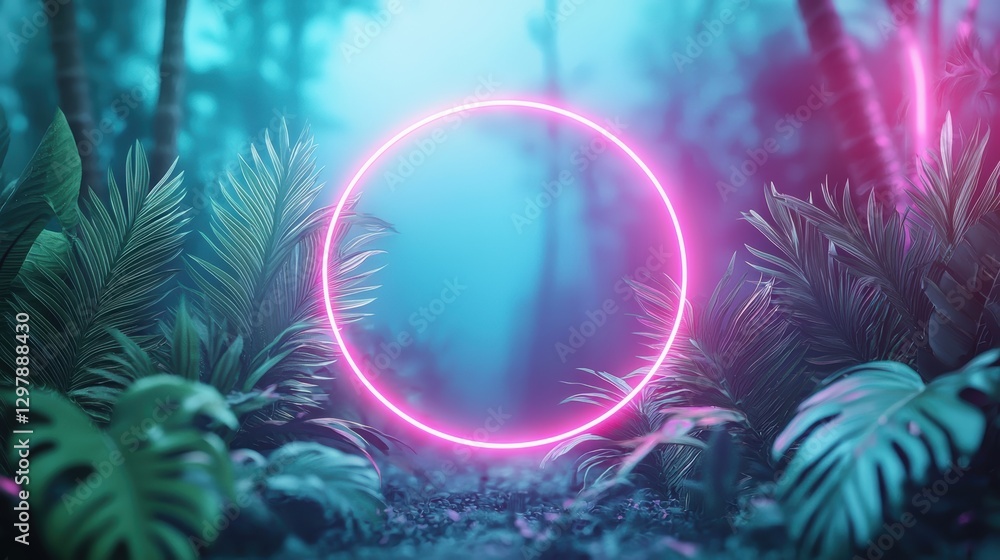 Poster an abstract neon frame, with sharp angles and curves, surrounding a cluster of lush tropical leaves,