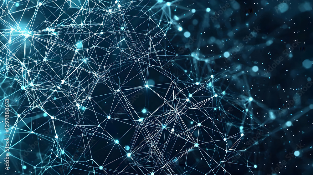 Poster abstract digital network of connected nodes and lines on dark blue background
