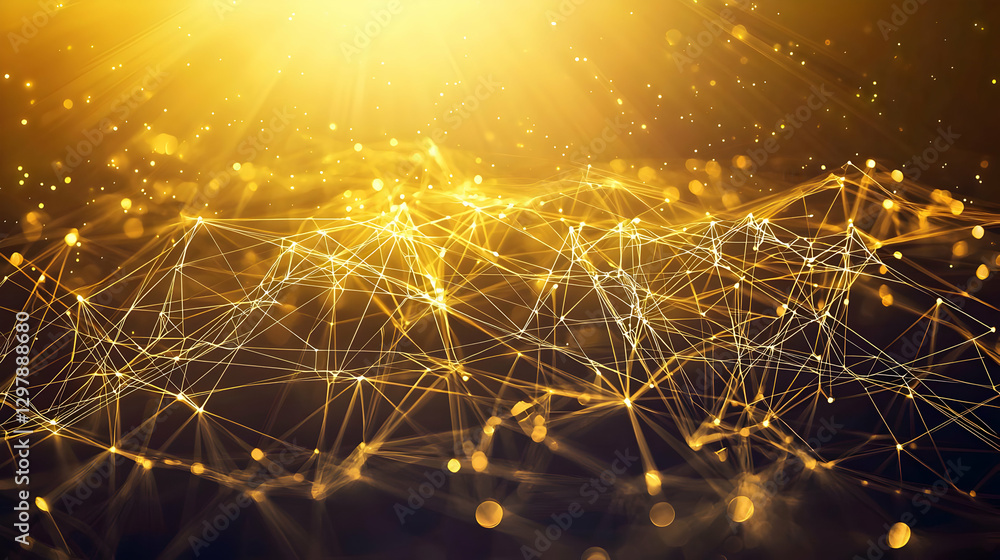 Poster abstract golden network of connecting lines with bright light and particles
