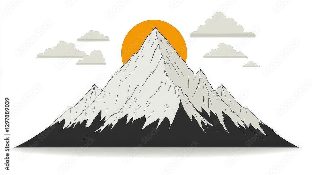 Poster Pixelated Mountainscape with Rising Sun and Fluffy Clouds Minimalist Aesthetic for Digital Design Retro Gaming Visuals Simple Backdrop