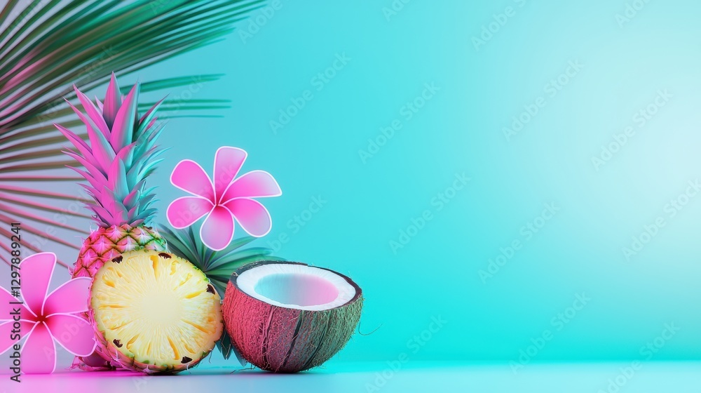 Poster a festive table setting with pineapples, coconuts, and tropical flowers illuminated by neon lights, 