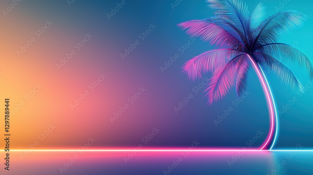 Poster a dark background with a single palm tree silhouette illuminated by a vertical gradient neon light, 