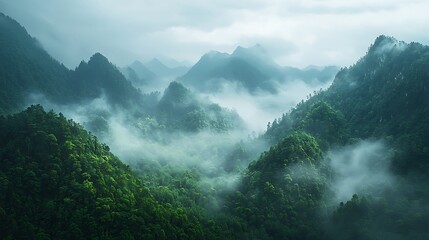 Gentle Breeze Through Misty Forest Slopes high resolution image