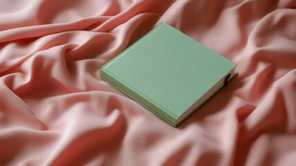 A mint green notebook rests elegantly on plush pastel pink fabric, embodying serenity and charm.