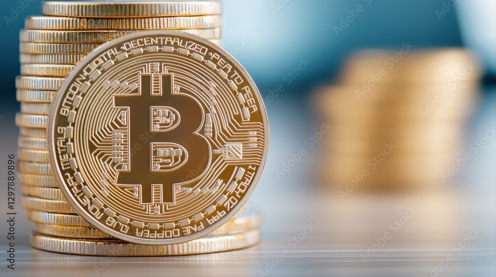 Poster a close-up view of a single bitcoin symbolizing digital currency and investment against a clean back