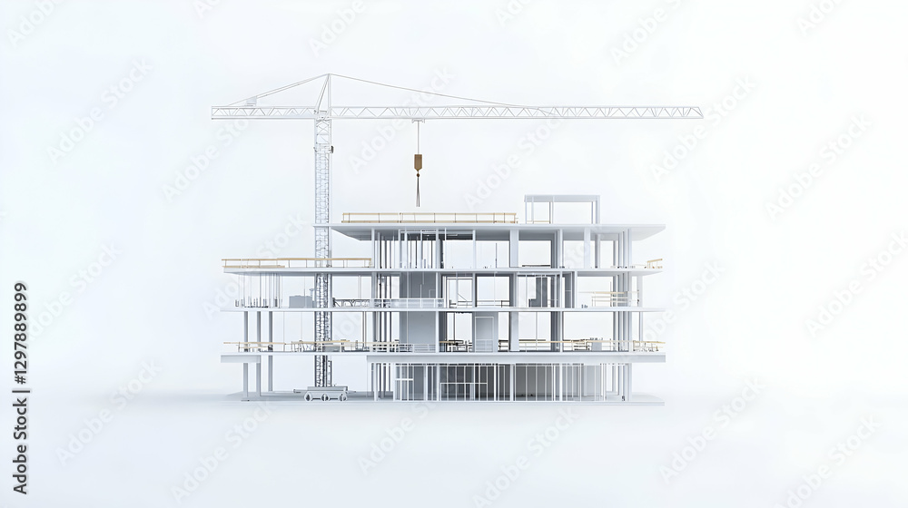 Poster White Building Structure with Construction Crane Illustrating Development and Architectural Design