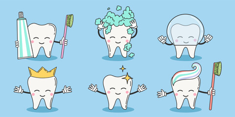 Set of smiling clean cartoon tooth characters. Dental care child concept illustrations. Dental clinic mascot. Simple vector illustration
