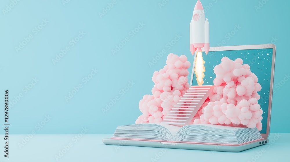 Poster an open book with its pages transforming into a flight of stairs leading towards a rocket launching 
