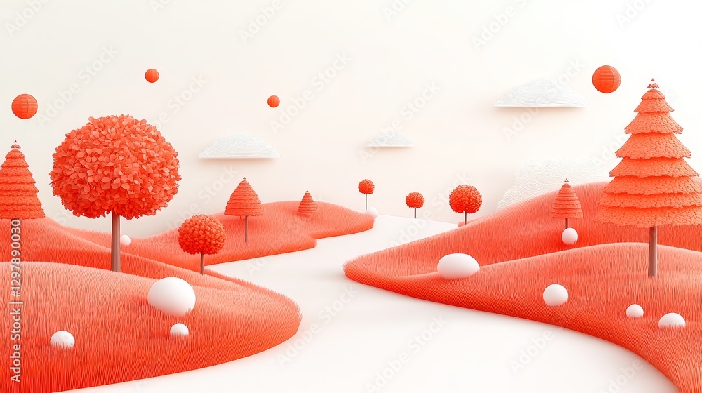 Poster surreal pixelated autumn landscape with coral trees and white clouds generating a soft fantasy backg