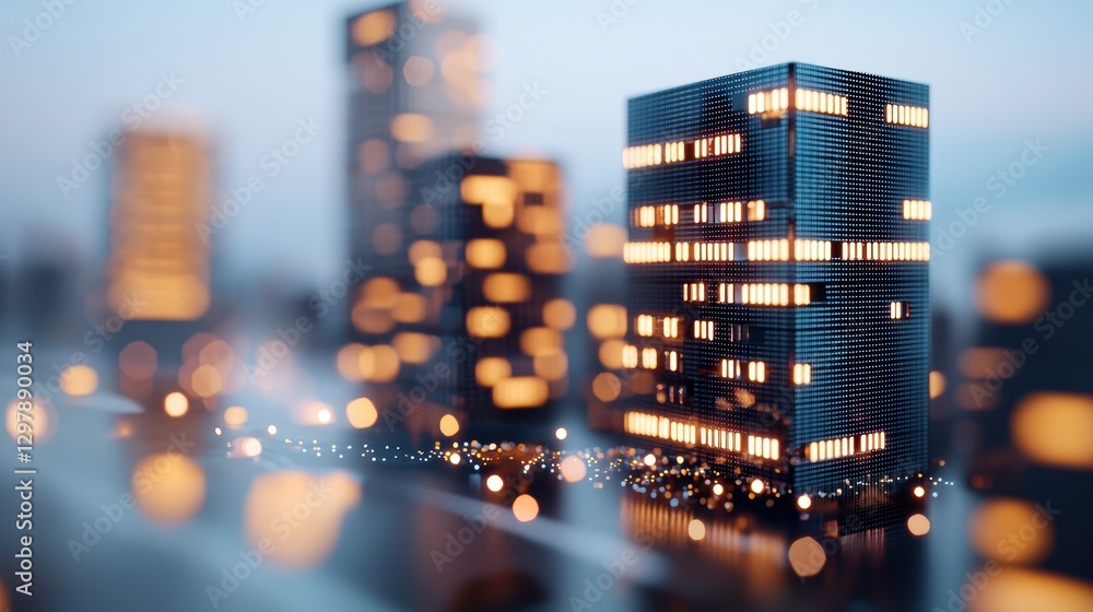 Poster a futuristic city with buildings illuminated by blockchain networks, depicting the potential of this