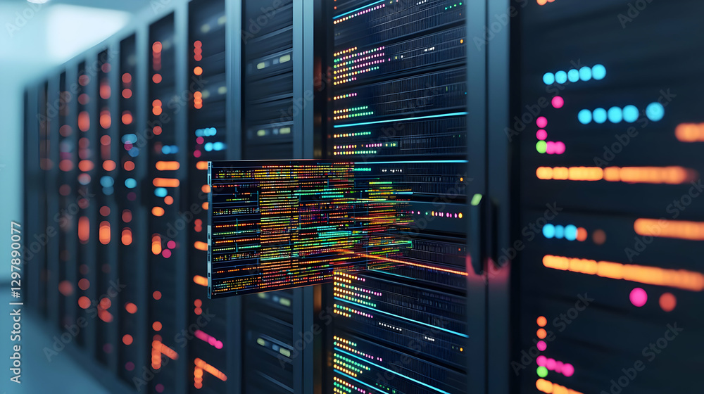Poster modern data center interior with rows of server racks displaying digital data and blue lighting