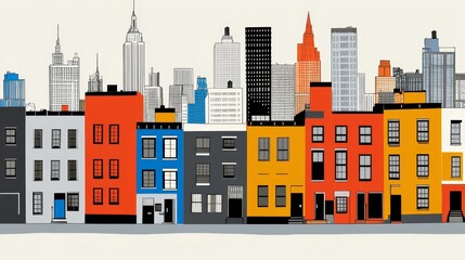 Fototapeta premium Stylized Urban Landscape Cityscape with Colorful Buildings in a Modern Geometric Style Illustration and Abstract Design Graphic