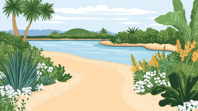 Pixelated tropical beach landscape with palm trees and clear blue water showcasing serene vacation vibe and relaxing summer atmosphere