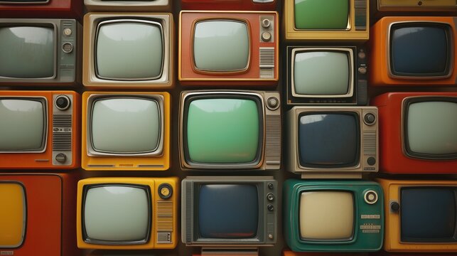 A wall of vintage retro televisions stacked together, featuring old-fashioned screen designs.