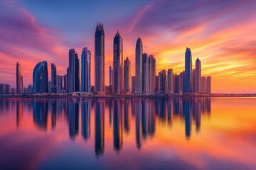 Obraz premium A breathtaking sunset over the city skyline, with the sky painted in shades of orange, pink, and purple, as the skyscrapers reflect the warm hues of the fading sun.
