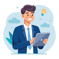 Man holding and using digital tablet computer. Tablet computer concept illustration. Vector illustration in cartoon style.