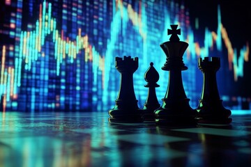 Chess board image under dim light There are three important pieces. The background has a glowing holographic stock market chart. It emphasizes the power of strategic thinking in financial success.