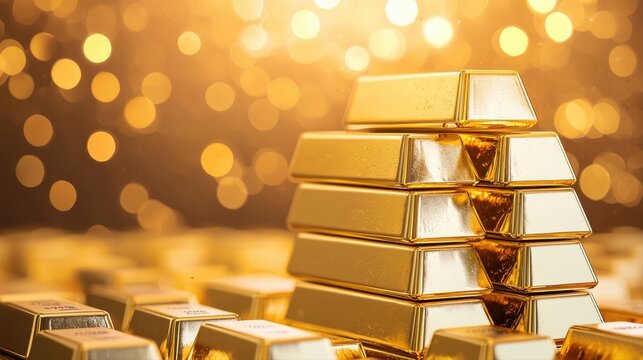 A large pile of gold bars showcasing their luster and richness in a luxurious setting under bright light
