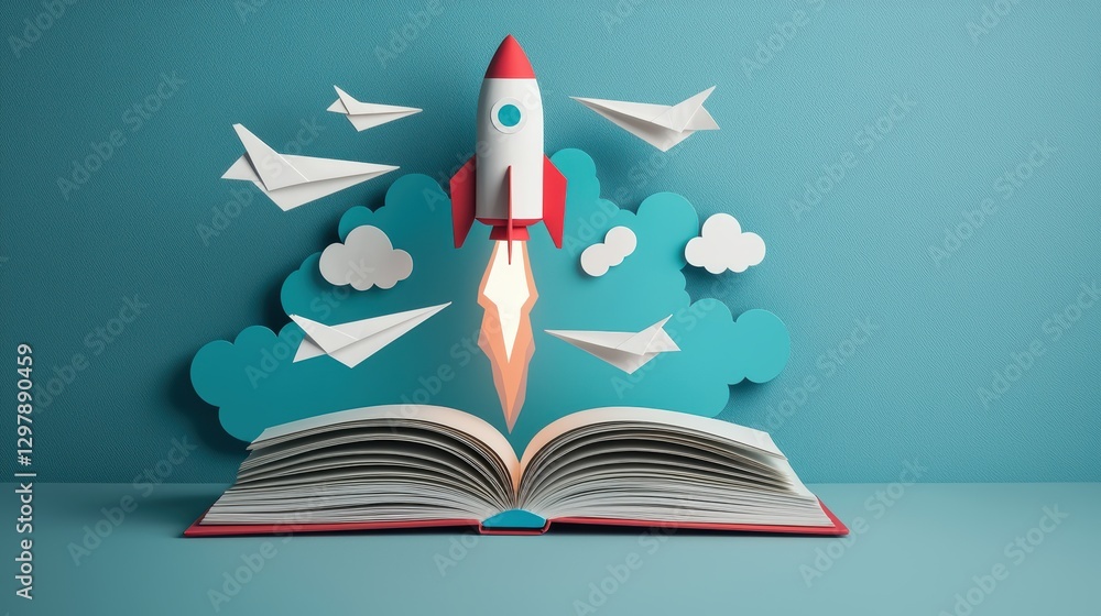 Poster an open book with its pages transforming into paper airplanes soaring towards a rocket launching int