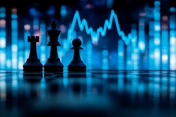 Dark chessboard with three chess pieces.  Bathed in dramatic light, in the background, a stock market chart is trending up.