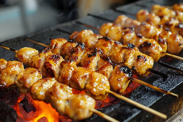 Close-up of delicious chicken satay skewers grilling over hot charcoal