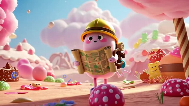 Cartoon Character Adventuring Through Whimsical Candy Land with a Treasure Map