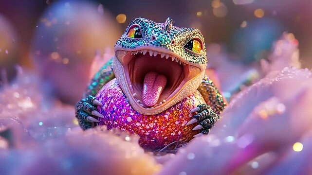 Colorful lizard with sparkling egg in vibrant, magical environment surrounded by soft flora