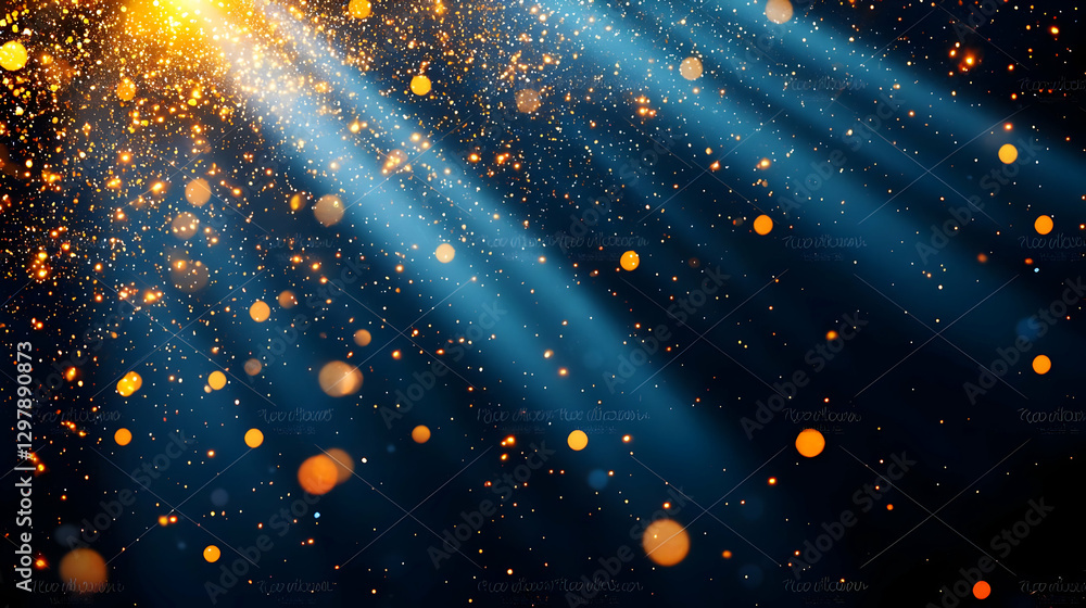 Poster golden light beams shining down on blue background with sparkles and bokeh effect
