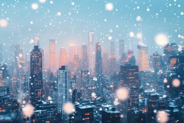 Fototapeta premium Magical winter city skyline covered with fresh snow. With skyscrapers covered in white.