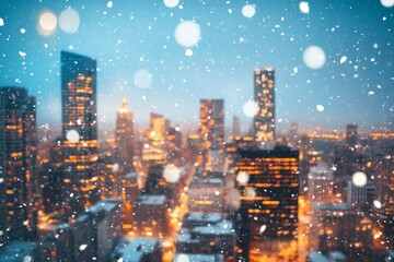 Fototapeta premium Magical winter city skyline covered with fresh snow. With skyscrapers covered in white.
